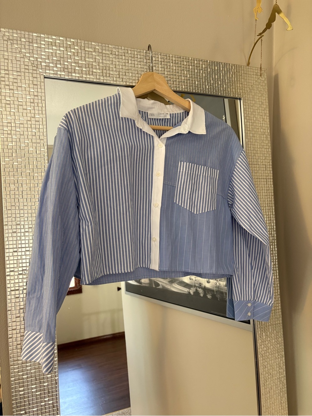 Zara Blue Striped Button-Front Shirt with White Collar
